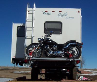 A Custom Motorcycle Carrier on our Fifth Wheel