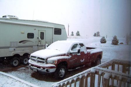Snow covered RV tow truck