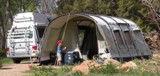 VW Bus with an Outwell Tent supplemental Living Space